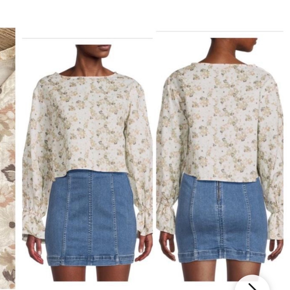Something Navy Cropped Floral Blouse with Cinched Sleeves Tan Green Cotton Linen